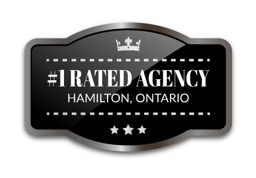Top-rated agency award badge with stars, Hamilton, Ontario.