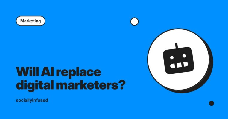 Two robots with signs: AI marketing team.