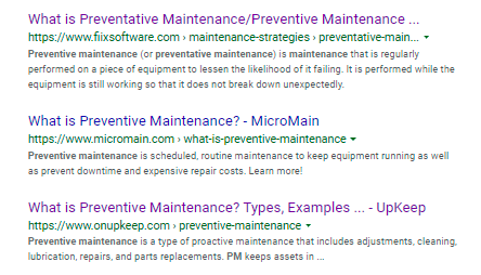 Search results defining preventative maintenance.