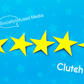 A star shaped logo with the word 'clutch' on it achieves a five-star rating.
