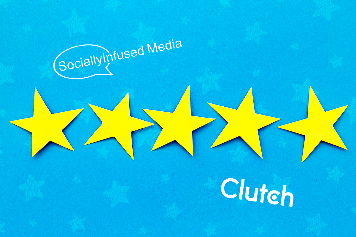 A star shaped logo with the word 'clutch' on it achieves a five-star rating.