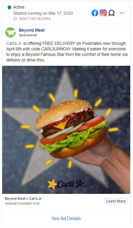 Beyond meat Facebook ad showcasing their burger