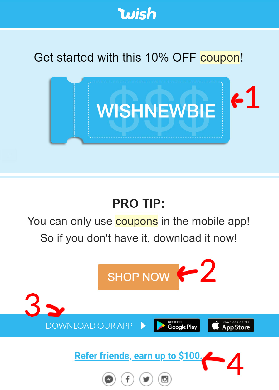 Wish.com email example with cta's