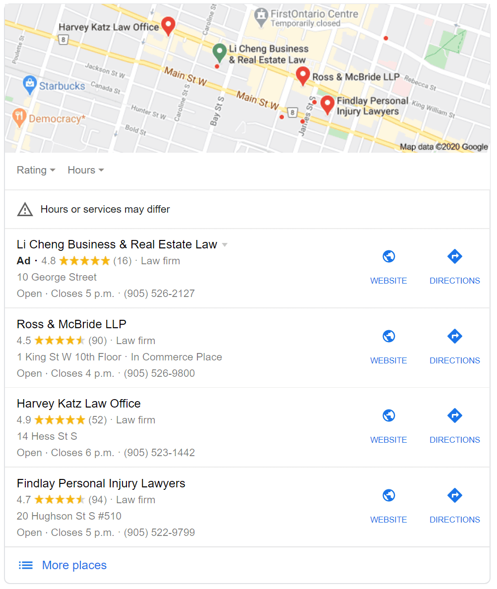 Screenshot of a Google results page for local 'law firm in hamilton'search showing a local 3-pack