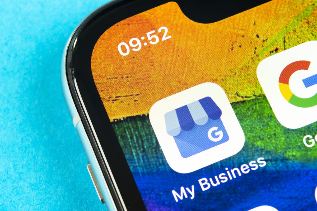 An iPhone showcasing the Google My Business app for business owners.