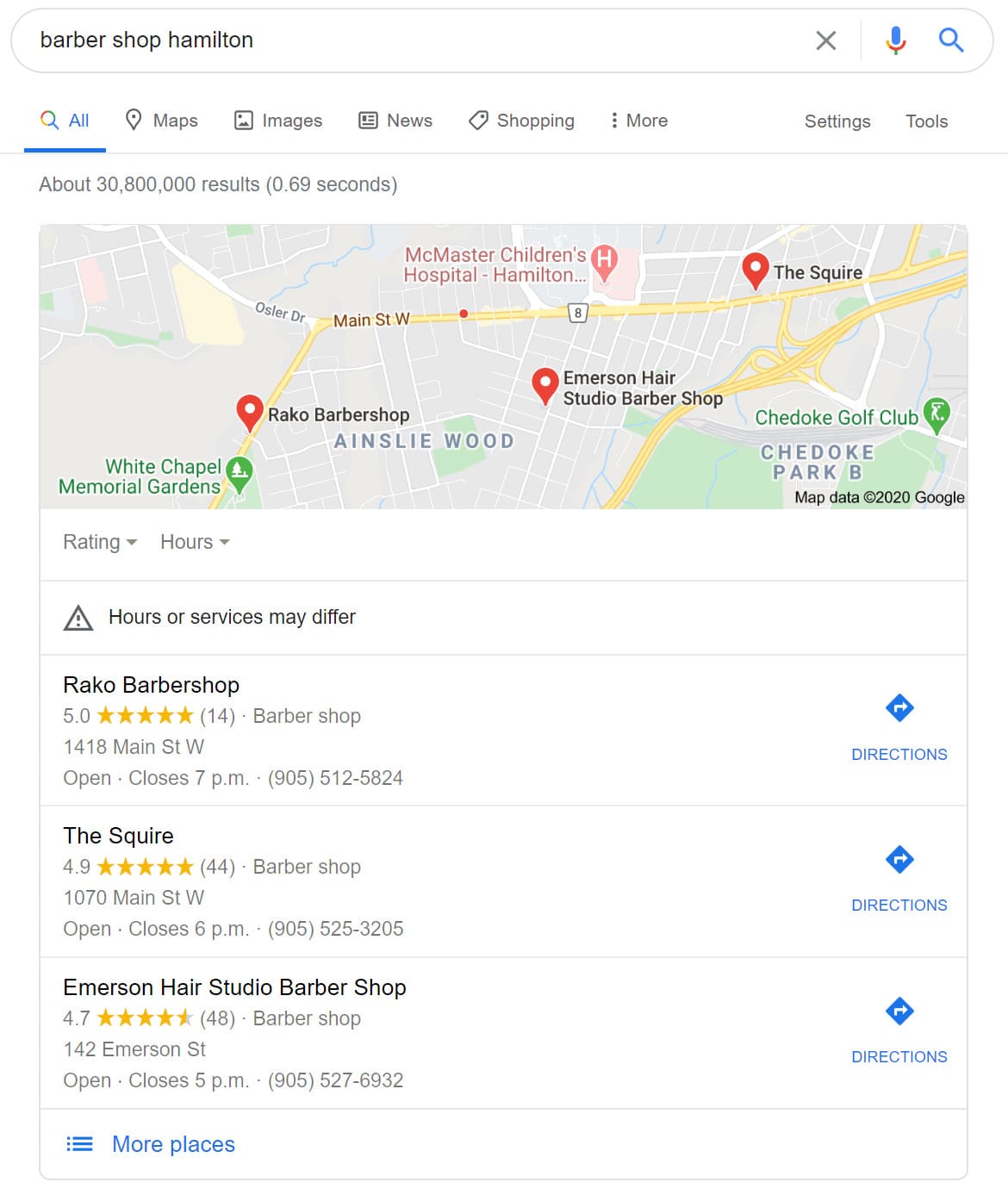Local 3 Pack of search results for 'barber shop in Hamilton'