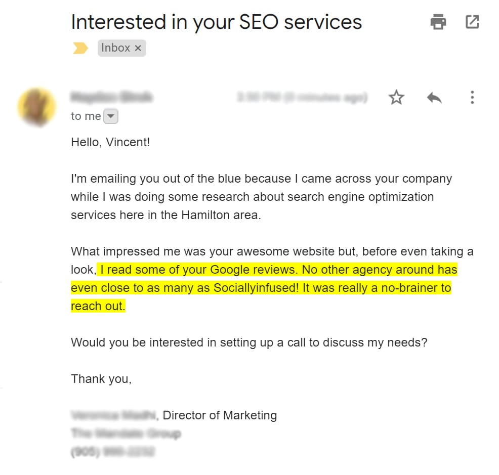 A new lead from a client that is interested in local SEO services because she found us online.