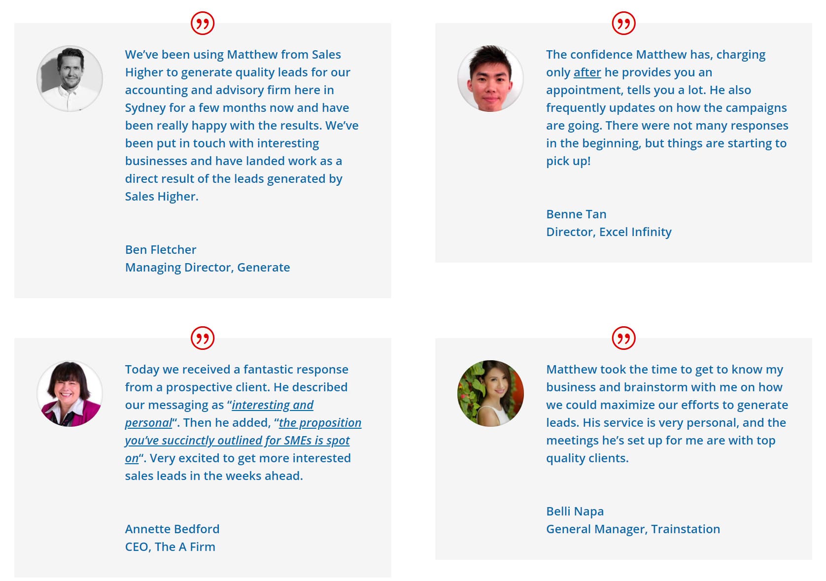 Various customer reviews displayed on the Sales Hire homepage.