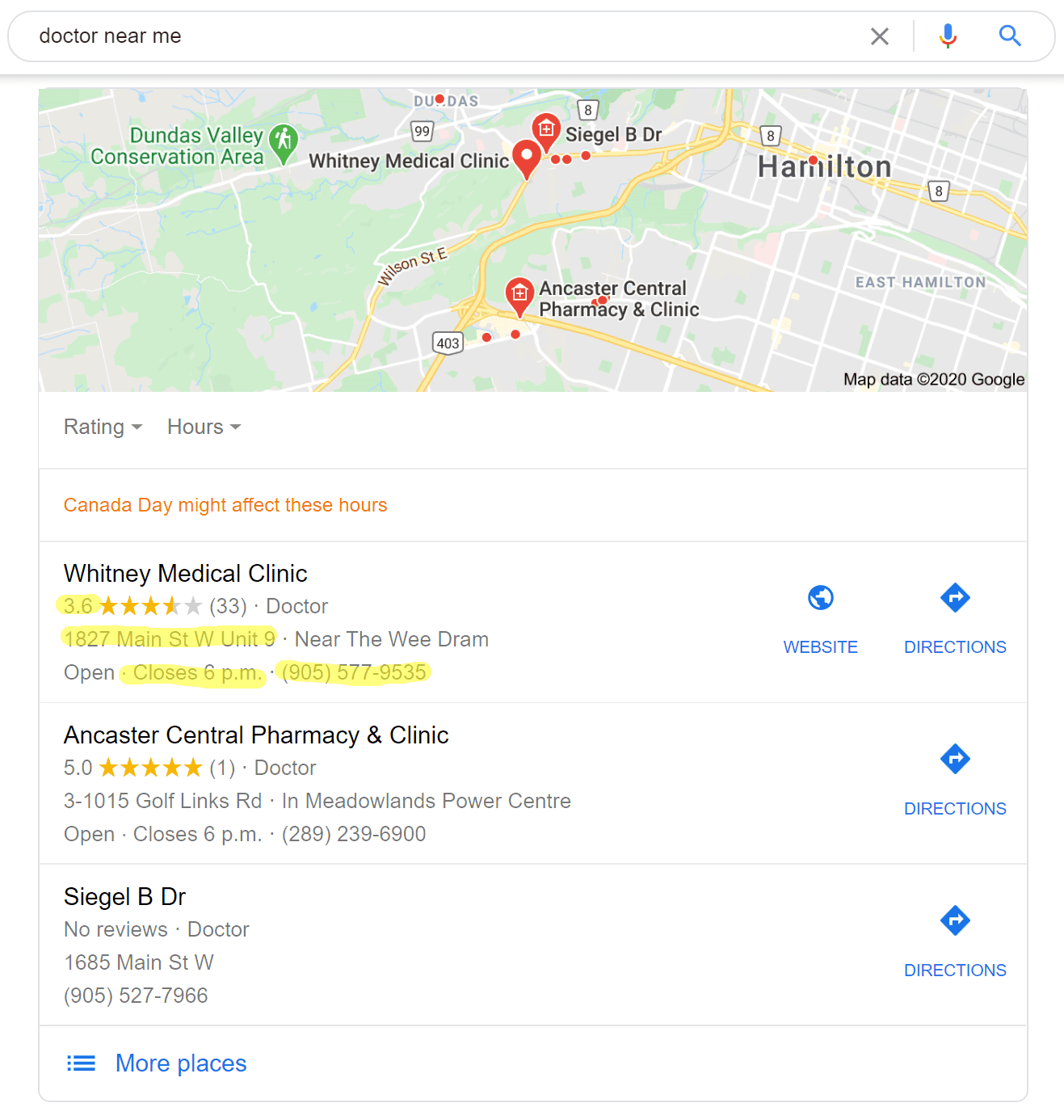 Google results page for local 'doctor's office' displaying the various elements of the local 3-pack