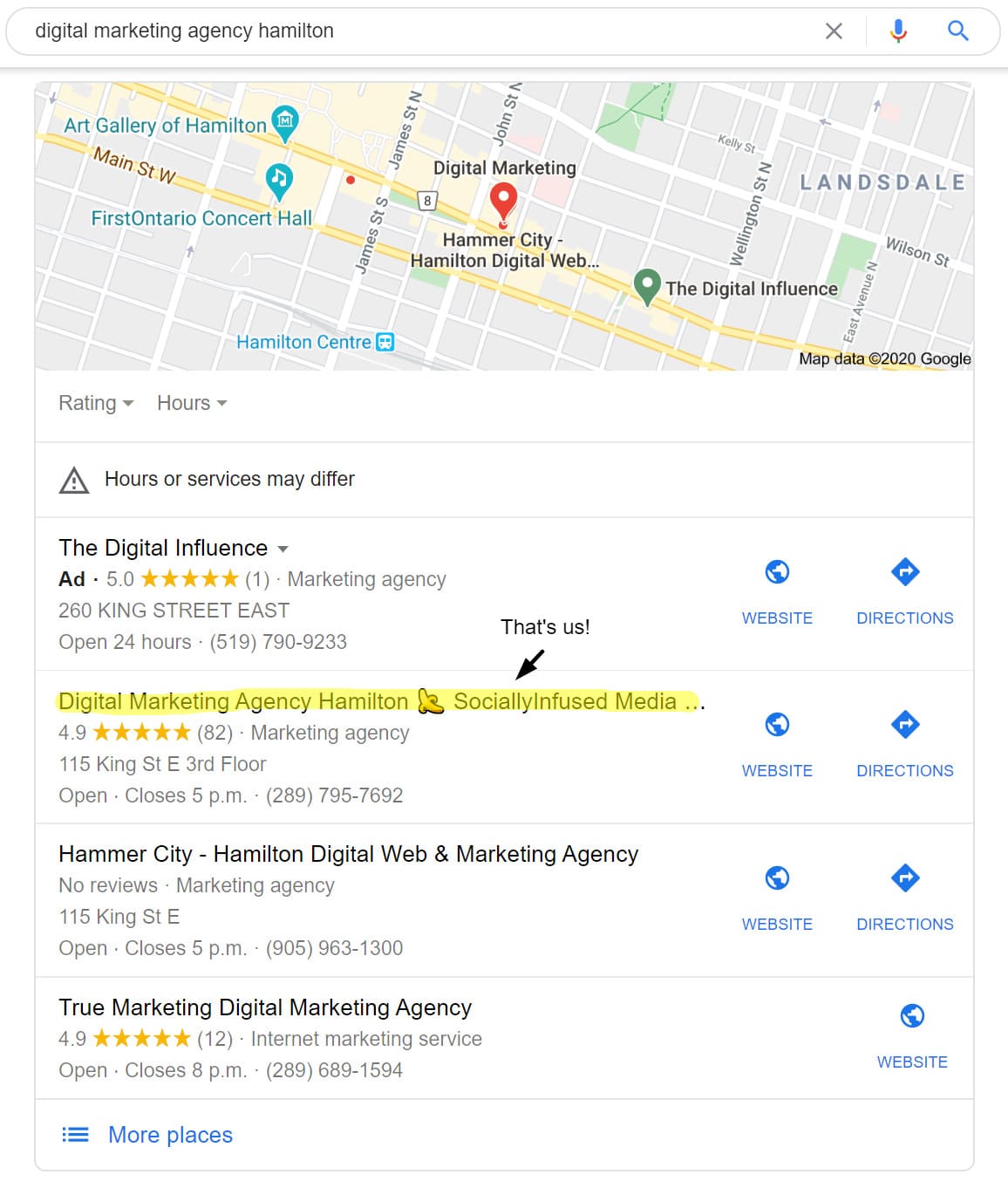 Our agency, SociallyInfused Media, listed on the Google Local 3 Pack with 82 Google reviews.