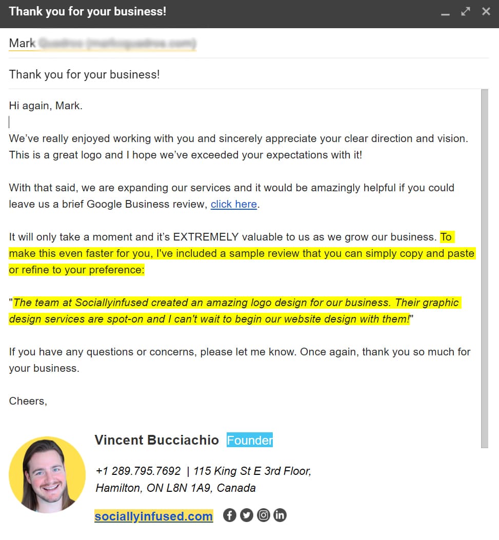 An email from Vincent Bucciachio, at SociallyInfused Media, to a client. He thanks them for their business and also requests a GMB review.
