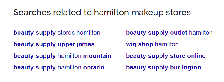 Displaying the searches in Google related to Hamilton makeup stores