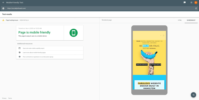 Screenshot of the SociallyInfused website URL inserted into Google's mobile usability test website. Results show that the "Page is mobile friendly."