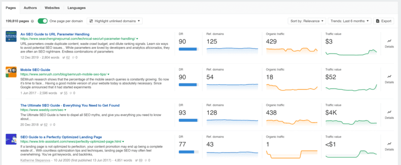 Using Ahrefs content explorer tool and searching for trending content for the term 'seo guide'