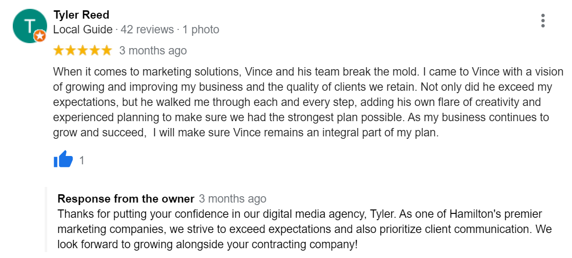 A Google Business review from Tyler Reed; owner of REED Signature Interiors and Backyard Beaver