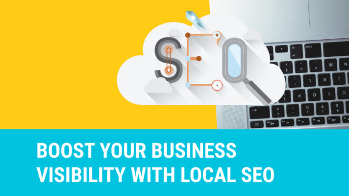 Graphic promoting local seo to boost your business visibility, featuring a cloud symbol with dollar sign and magnifying glasses, next to a laptop on a dual yellow and blue background.