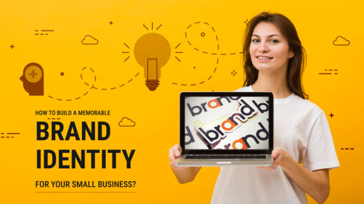 Young woman holding a laptop with "How to Build a Memorable Brand Identity for Your Small Business?" icons, against a yellow background with doodles related to brand identity.