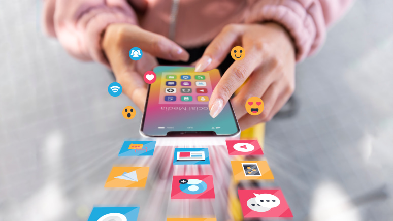 Future trends in social media management with app icons on smartphone