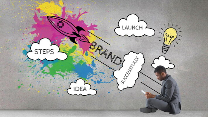 Steps to successfully launch your brand with rocket and cloud icons